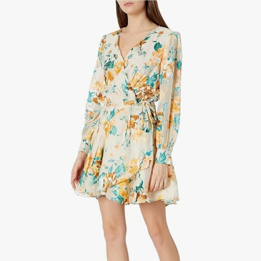ASTR The Label Women's Long Sleeve Aja Mini Wrap Dress Yellow Floral Sz X-Small